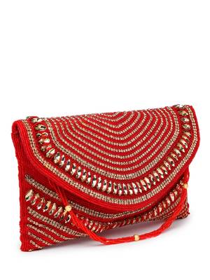 adorn red & gold stone work embellished faux silk clutch 5