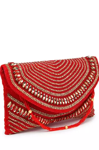 adorn red & gold stone work embellished faux silk clutch