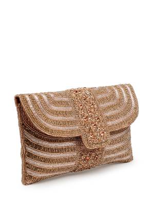 adorn rose gold & pink stone work embellished faux silk clutch 5
