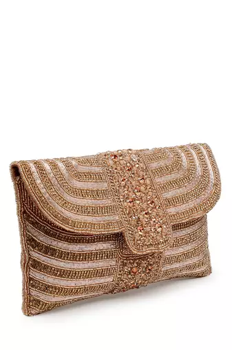 adorn rose gold & pink stone work embellished faux silk clutch