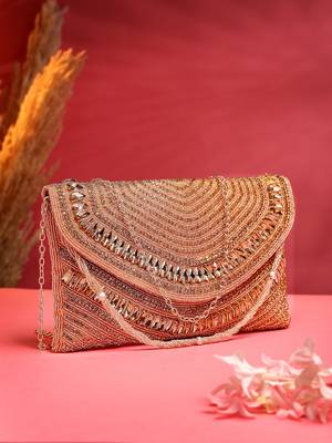 adorn coral & gold stone work embellished faux silk clutch 1