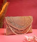 adorn coral & gold stone work embellished faux silk clutch