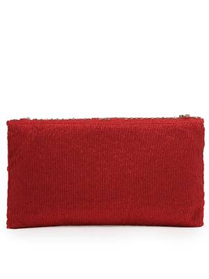 adorn red & gold stone work embellished faux silk clutch 6