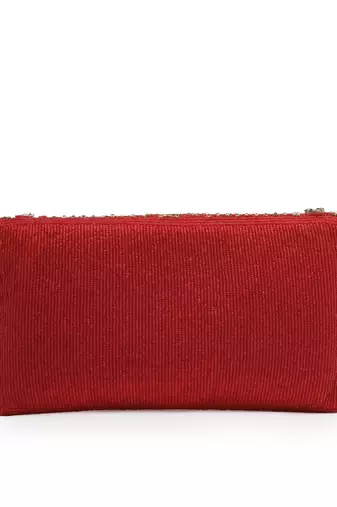 adorn red & gold stone work embellished faux silk clutch