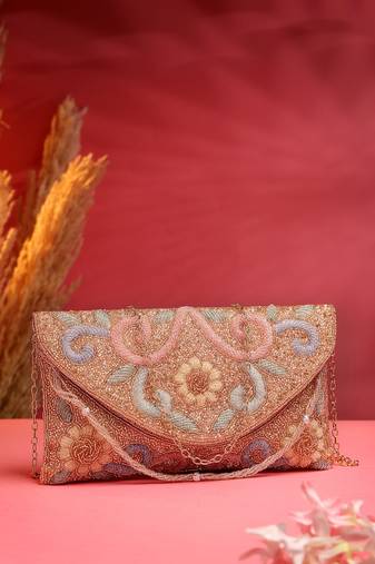 adorn coral & multi floral embellished faux silk clutch