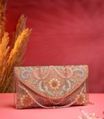 adorn coral & multi floral embellished faux silk clutch