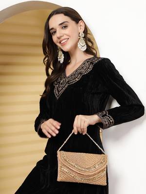 adorn coral & gold stone work embellished faux silk clutch 3