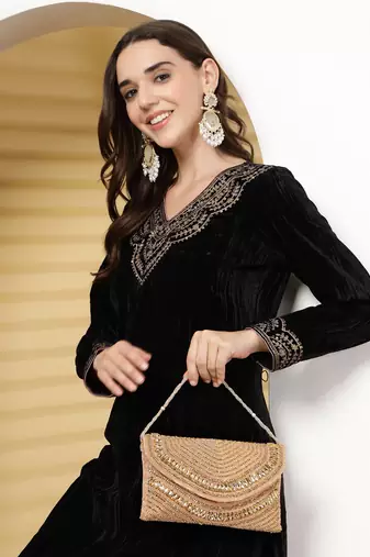 adorn coral & gold stone work embellished faux silk clutch