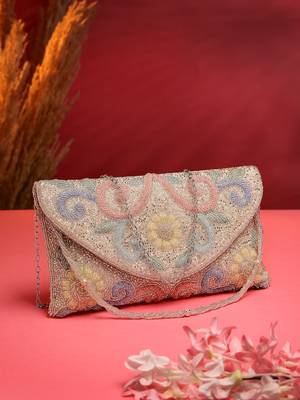 adorn silver and pastel multi floral embellished faux silk clutch 1