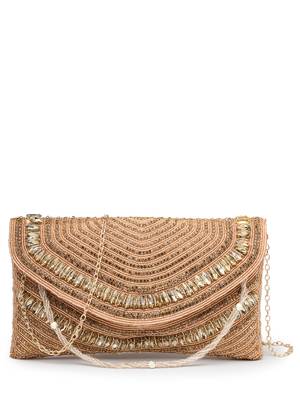 adorn coral & gold stone work embellished faux silk clutch 4