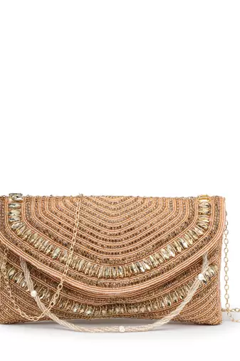 adorn coral & gold stone work embellished faux silk clutch