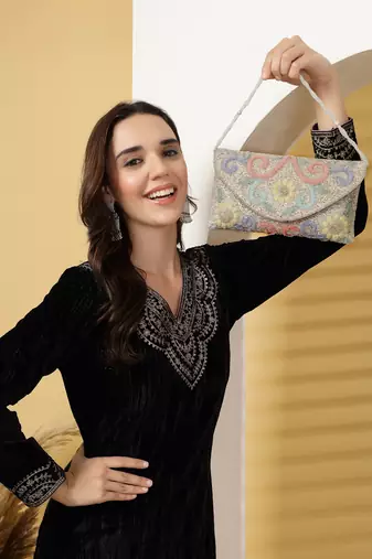 adorn silver and pastel multi floral embellished faux silk clutch