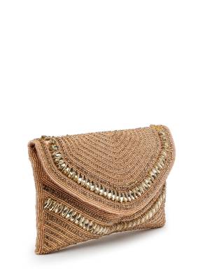adorn coral & gold stone work embellished faux silk clutch 5