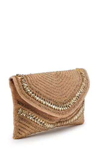 adorn coral & gold stone work embellished faux silk clutch