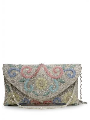 adorn silver and pastel multi floral embellished faux silk clutch 4