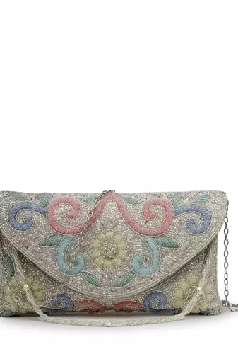 adorn silver and pastel multi floral embellished faux silk clutch