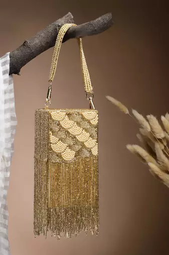 Anekaant droop gold scale embellished faux silk clutch