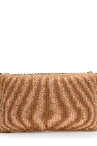 adorn coral & gold stone work embellished faux silk clutch