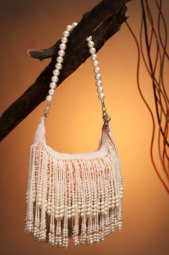 Anekaant droop coral & pearl white pearl embellished velvet clutch
