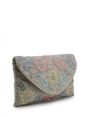 adorn silver and pastel multi floral embellished faux silk clutch 5