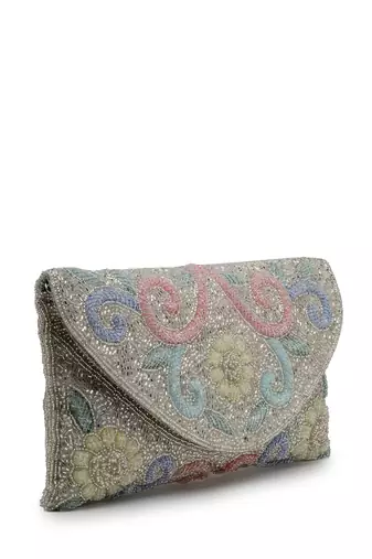 adorn silver and pastel multi floral embellished faux silk clutch