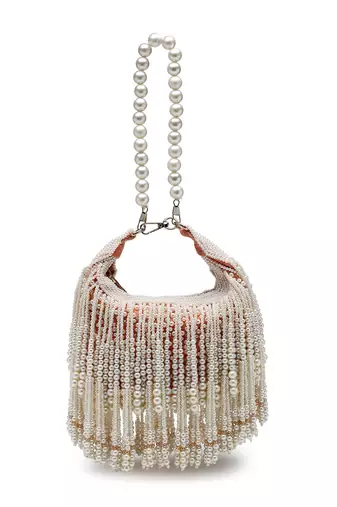 droop coral & pearl white pearl embellished velvet clutch