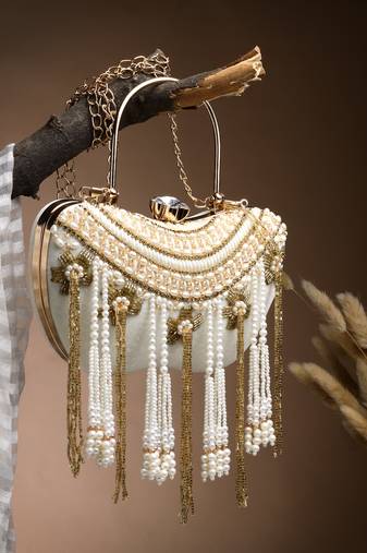 Anekaant droop white & gold floral embellished velvet clutch