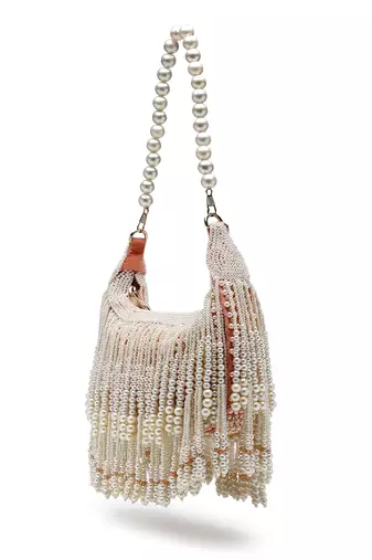 droop coral & pearl white pearl embellished velvet clutch