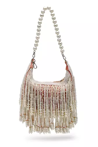 droop coral & pearl white pearl embellished velvet clutch