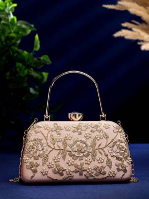 adorn salmon pink & gold floral dabka embellished faux silk clutch 1