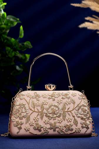 adorn salmon pink & gold floral dabka embellished faux silk clutch