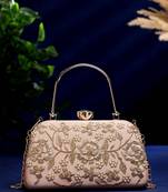 adorn salmon pink & gold floral dabka embellished faux silk clutch