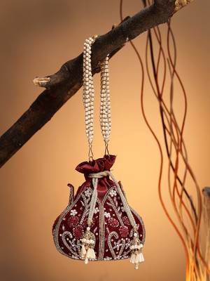 lotus dark maroon & gold floral embellished velvet potli 1