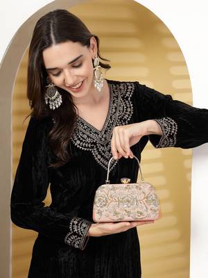 adorn salmon pink & gold floral dabka embellished faux silk clutch 3