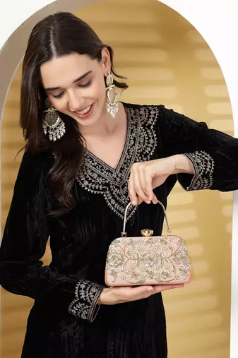 adorn salmon pink & gold floral dabka embellished faux silk clutch