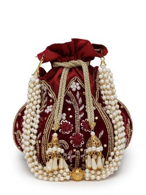 lotus dark maroon & gold floral embellished velvet potli 4