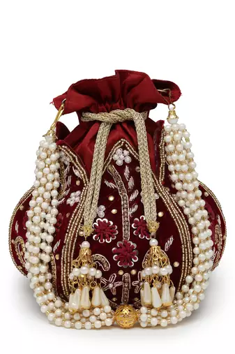 lotus dark maroon & gold floral embellished velvet potli