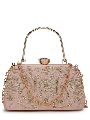 adorn salmon pink & gold floral dabka embellished faux silk clutch 4