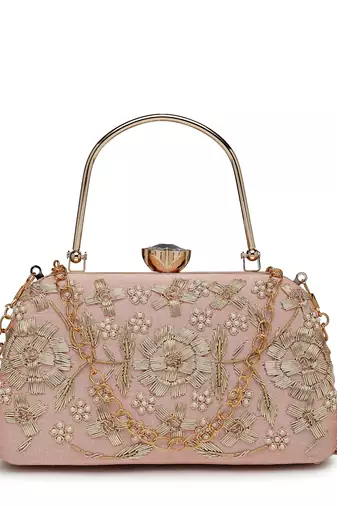 adorn salmon pink & gold floral dabka embellished faux silk clutch