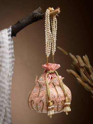 lotus pastel peach & gold floral embellished velvet potli 1