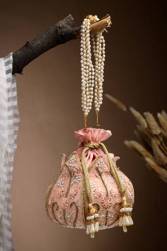 Anekaant lotus pastel peach & gold floral embellished velvet potli