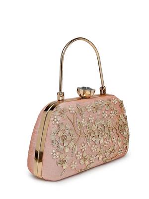 adorn salmon pink & gold floral dabka embellished faux silk clutch 5
