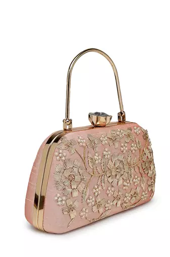 adorn salmon pink & gold floral dabka embellished faux silk clutch
