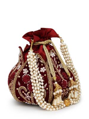lotus dark maroon & gold floral embellished velvet potli 5