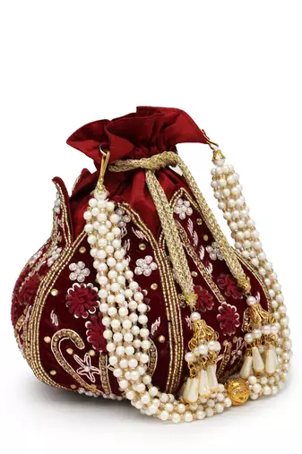 lotus dark maroon & gold floral embellished velvet potli