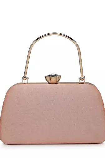 adorn salmon pink & gold floral dabka embellished faux silk clutch