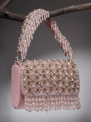 coffer mauve & metallic gold stone work embellished suede clutch 1