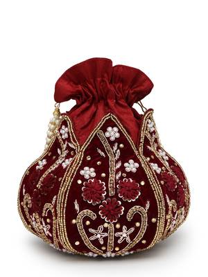 lotus dark maroon & gold floral embellished velvet potli 6