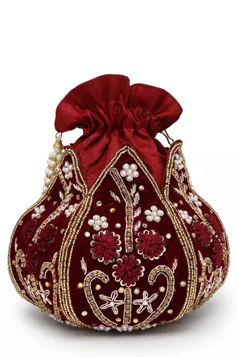 lotus dark maroon & gold floral embellished velvet potli