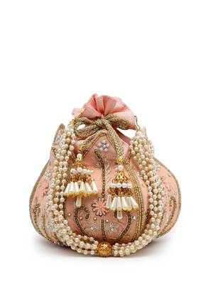 lotus pastel peach & gold floral embellished velvet potli 4